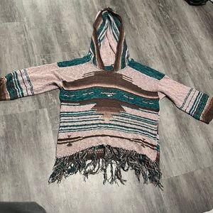 Free People Poncho Hoodie Sweater with Fringe Hem Size Large